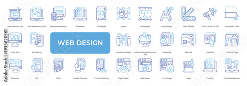 Web Design Icon set Collection in Line Two Color Style. interface, experience, responsive, wireframe, prototype, layout