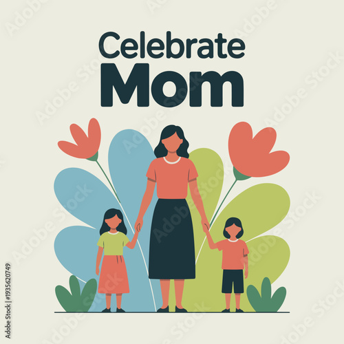 Mother and two children holding hands with flowers