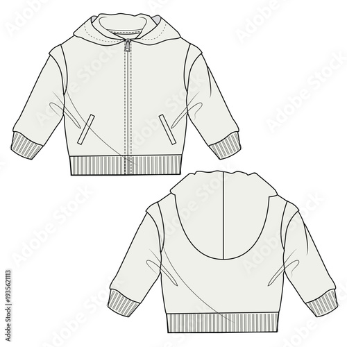 Baby kids full zip hoodies vector mockup template technical drawing.