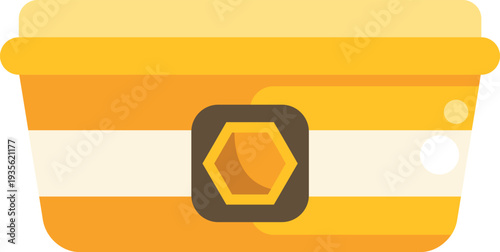 Rectangular container holding honey with a honeycomb icon on the label