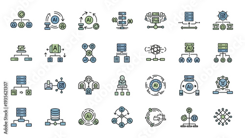 Collection of technology icons representing data structures and algorithms.