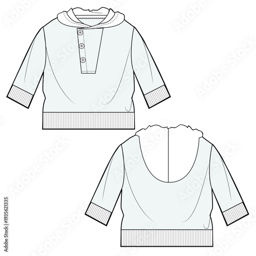 Kids button up hoodies flat drawing vector design mockup template.