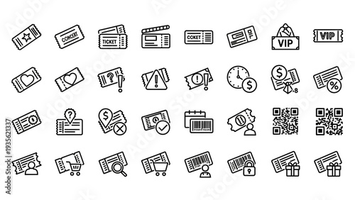 Collection of Ticket Icons and Symbols for Events and Purchases.