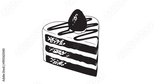 Slice of chocolate layered cake with a cherry on top illustration.