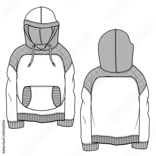 Kids quilted hoodies design technical flat sketch vector mockup template.