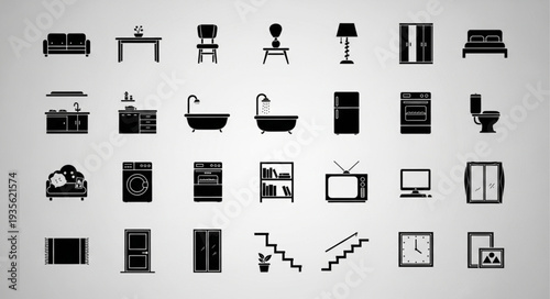 Collection of black furniture and home object icons.