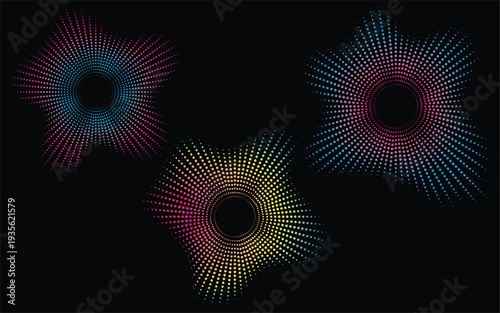 Colorful circular halftone sound wave set, abstract radial audio spectrum dot patterns on dark background for music technology, digital sound visualization design