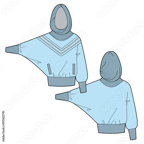 Female hoodies technical line drawing vector mockup template.