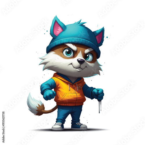 Anthropomorphic fox street artist character holding dripping spray paint can.