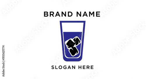 Template for a beverage brand logo with a glass and ice cubes.