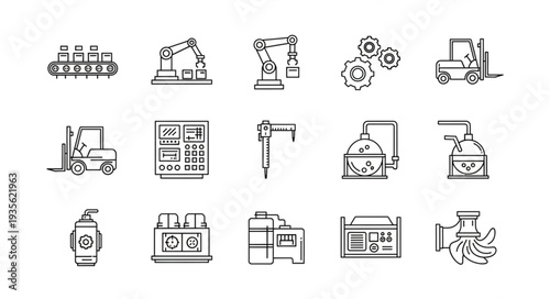 Industrial Icons Set Manufacturing Automation Technology Symbols.
