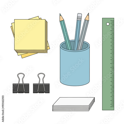 Stationery items arranged neatly, including pencils, paper, and a ruler, on a clean surface, viewed from directly above