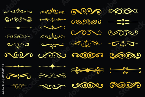 Collection of ornate golden swirling dividers and flourishes on black background