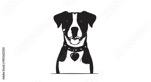 Charming black and white dog portrait wearing a collar and heart tag with a friendly, forward gaze in a bold illustration.