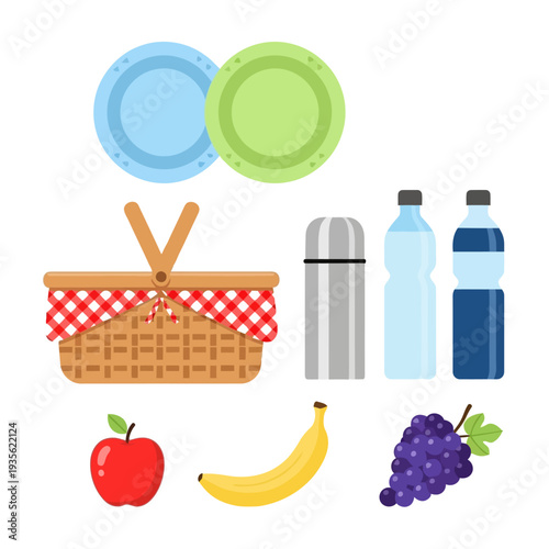 A colorful illustration of picnic essentials including fruits and refreshments arranged neatly on a transparent background