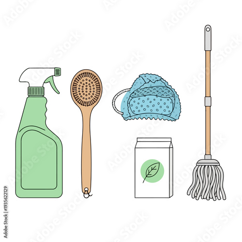 Cleaning supplies and eco-friendly products arranged neatly on a white background from a top-down viewpoint