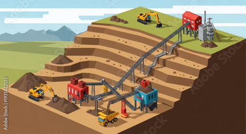 Open pit mine excavation with heavy machinery and conveyor belt system.