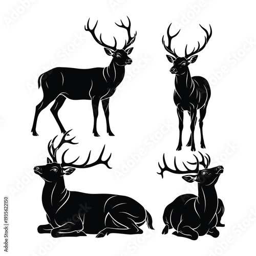 Majestic deer silhouettes in various poses on white background