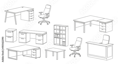 Collection of Office Furniture Sketches Including Desks and Chairs.