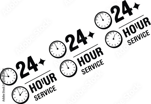 A 24 hour service logo with clocks and stars on a white background