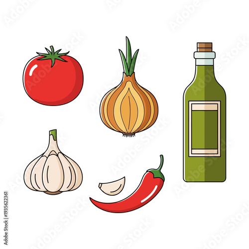 Assorted ingredients for a culinary dish displayed on a clean surface, viewed from directly above, featuring a tomato, onion, garlic, chili, and olive oil bottle.