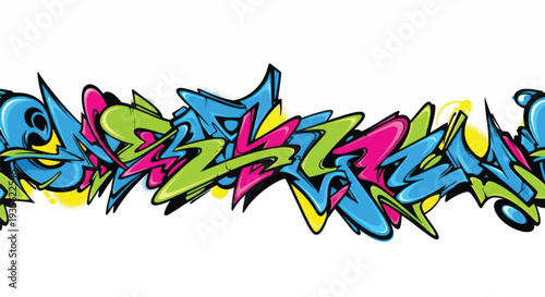 Colorful urban graffiti lettering mural with dynamic abstract shapes.