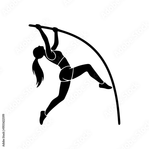 female pole vaulter silhouette icon, athletics pole vault athlete jumping sport vector illustration