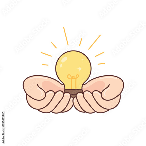 Hands holding a shining light bulb, creative idea and innovation concept, flat line art vector.
