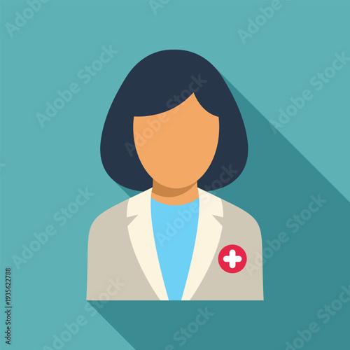 Female doctor wearing lab coat with medical cross symbol on a blue background