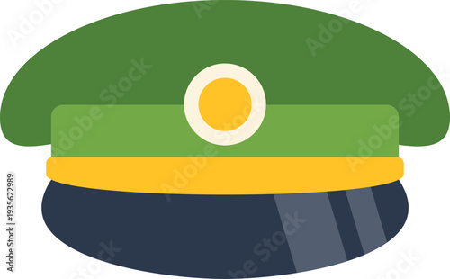 Service cap with a circular emblem and yellow stripe illustrating uniform and duty
