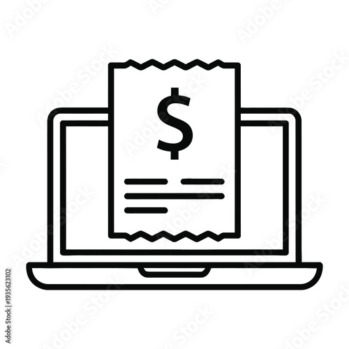 Laptop displaying receipt with currency symbol for financial transactions