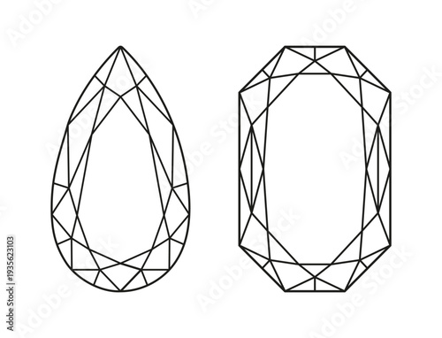 Pear, Radiant diamond cut shapes. Diamond flat top view. Pear, Phoenix Radiant brilliant cut icons. Gemstone outline simple patterns for jewellery design, branding, packaging, logotype. Design diagram