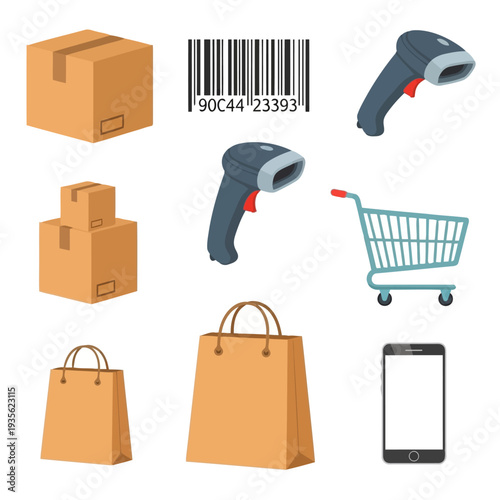 E-commerce icons featuring barcode scanner, shopping bags, and mobile phone on a clean white background from a straightforward viewpoint