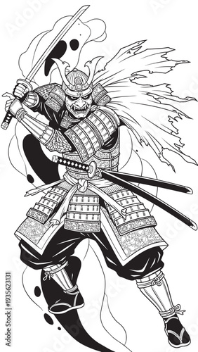 Winged armored samurai warrior in dynamic pose with katana and ornate armor.