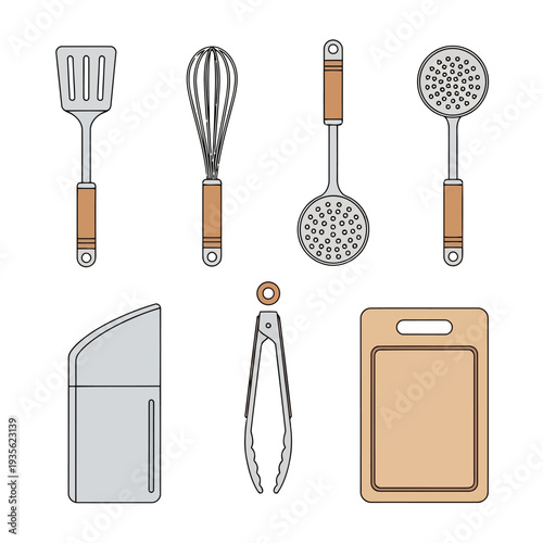 Assorted kitchen utensils and tools arranged on a clean surface, showcasing various cooking essentials from different viewpoints