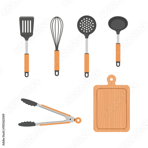 Kitchen utensils and cutting board displayed on a clean white surface from a direct overhead viewpoint