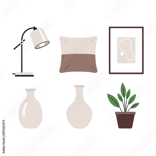 A serene home interior scene featuring vases, a lamp, and a pillow, depicted in a minimalist illustration style from a frontal viewpoint.