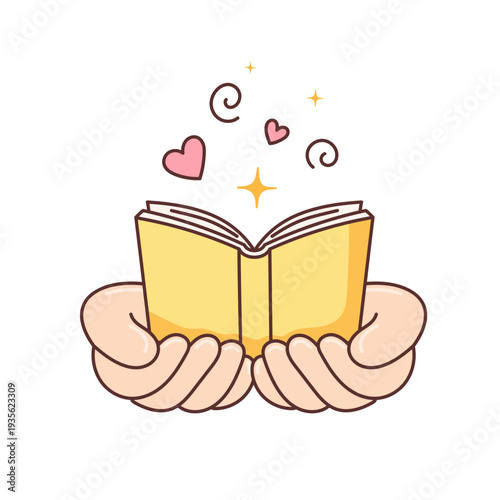 Hands holding an open book, share your wisdom and education concept, flat line art vector.