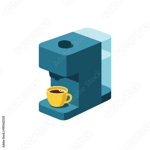 Isometric coffee machine appliance with yellow cup of espresso and water tank for office and home kitchen interior design and morning routine theme.