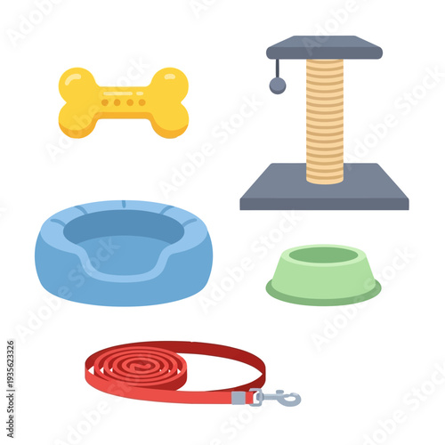 Assorted pet accessories including toys, feeding bowls, leash, and scratching post displayed together