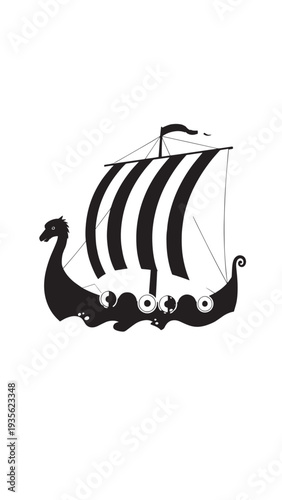 Ancient Viking Longship Silhouette in Black and White Across The Sea.