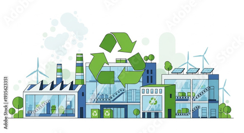 Sustainable Factory with Recycling Symbol.