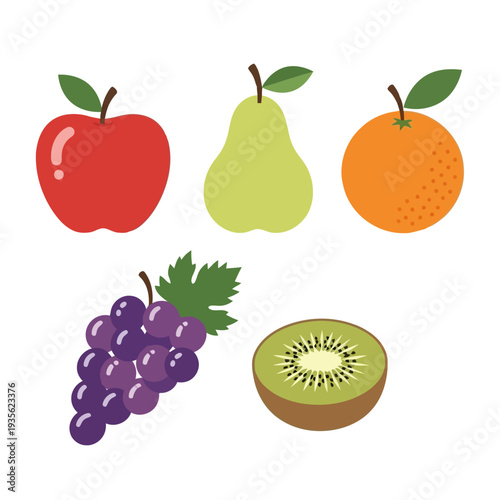 A vibrant illustration of assorted fruits including apple, pear, and orange, showcasing a variety of textures and colors from a straightforward viewpoint.