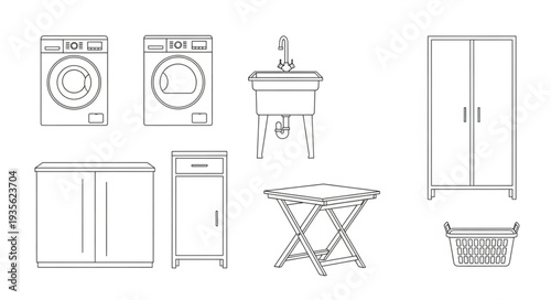 Collection of bathroom and laundry room furniture and appliances line art.