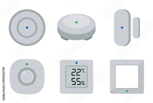 Smart Home Sensor System Icons for Temperature Humidity Motion Detection and Contact Monitoring to Enhance Indoor Environment and Safety Control