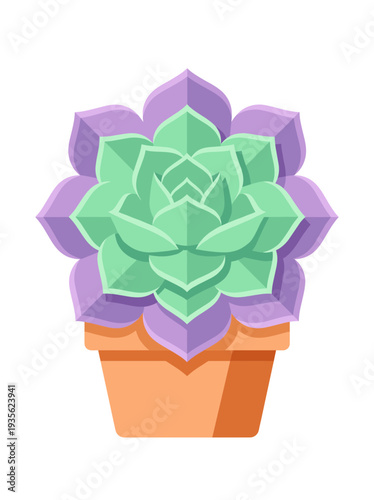 Flat vector illustration of a stylized purple and green succulent plant in a clay terracotta pot isolated on white background for interior home decor design