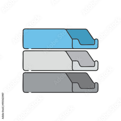 Stacked plastic trays in shades of grey and blue