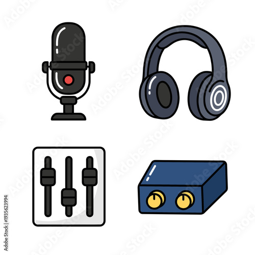 Professional audio equipment icons including microphone headphones mixing console and audio interface for podcasting music production and sound recording