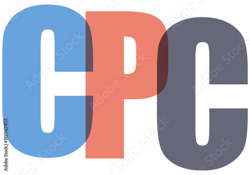 Three colored letters cpc overlapping and casting shadow on transparent background