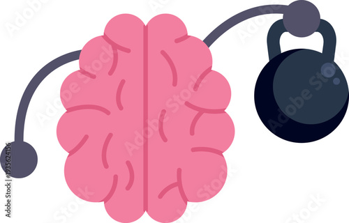 Brain icon lifting a kettlebell weight symbolizing mental workout and cognitive development